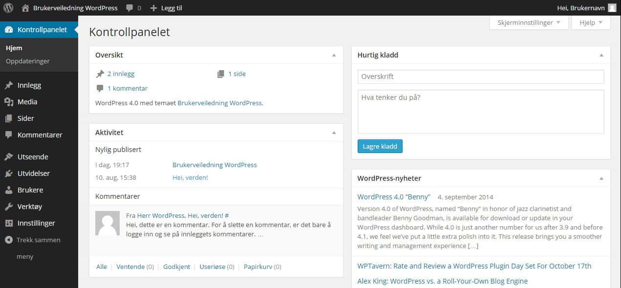 WordPress brukerveiledning - kontrollpanel